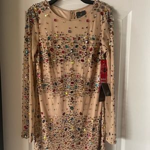 adrianna papell long sleeve beaded cocktail dress nude